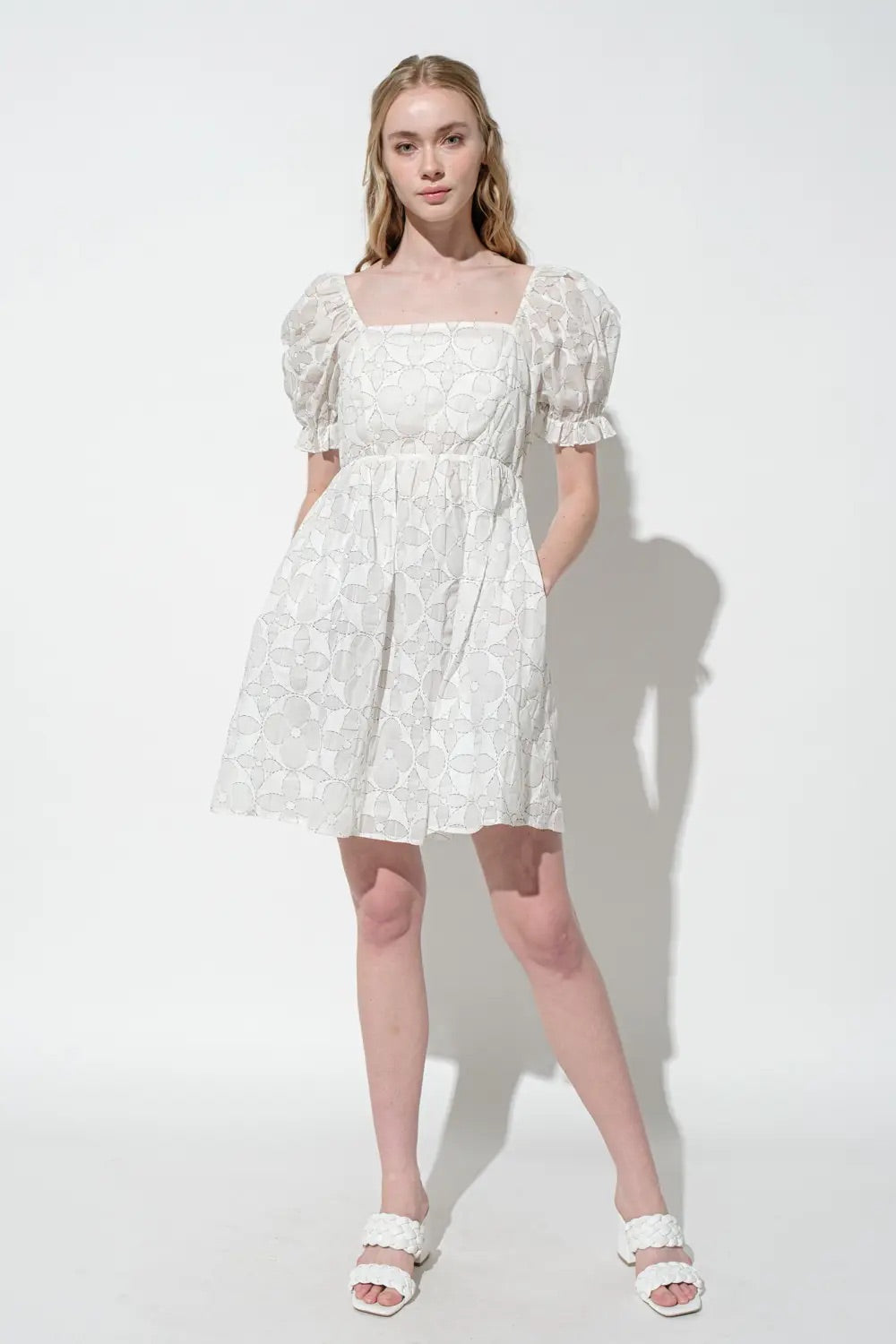 GRACIOUS Floral Square~Neck Puff~Sleeve Dress