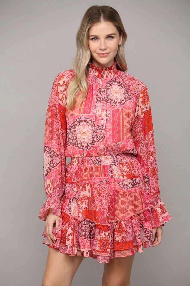 OLIVIA PatchWork Chiffon HiNeck Dress