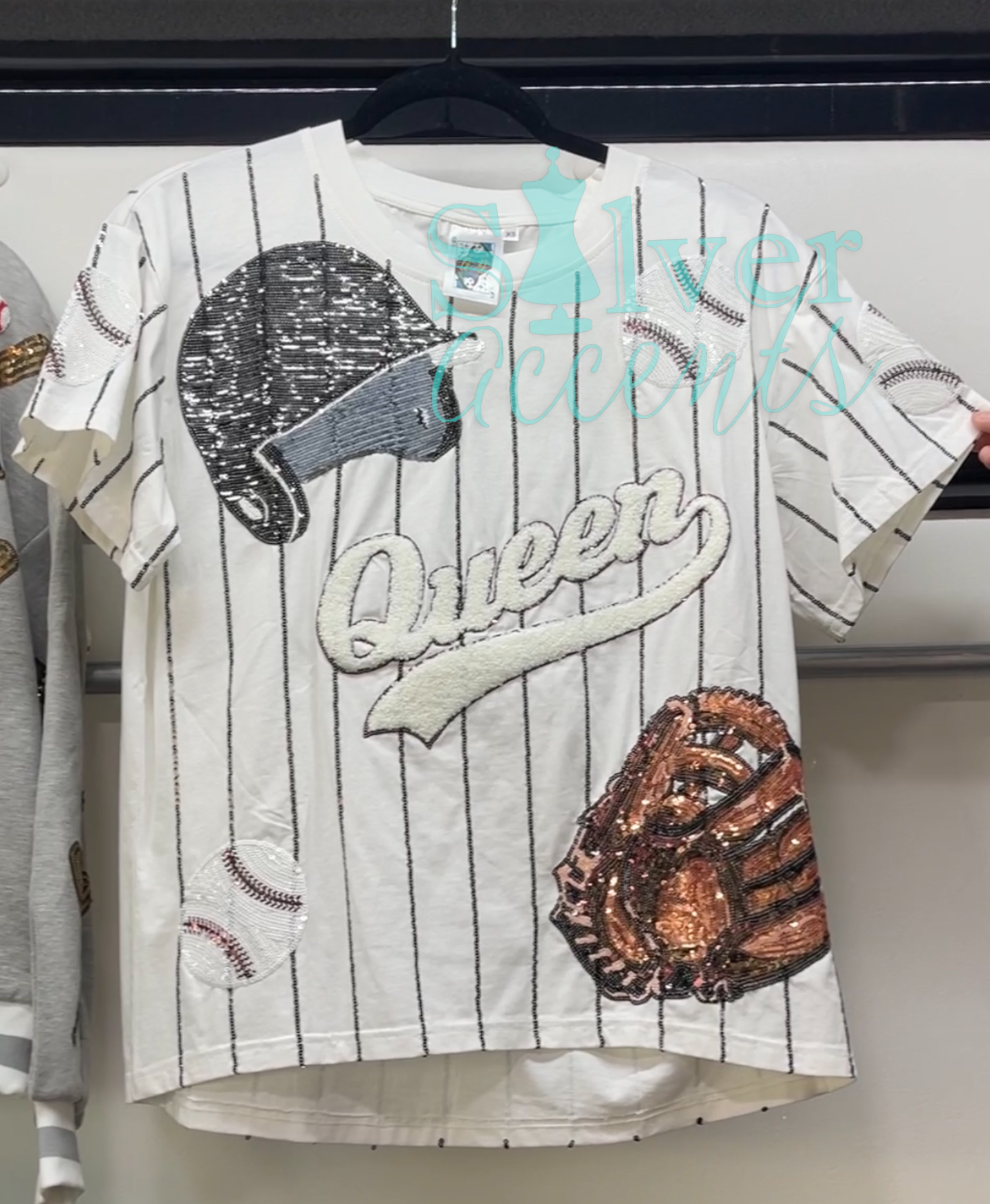 QUEEN OF SPARKLES Sequin BATTER UP Pinstripe Tee Top