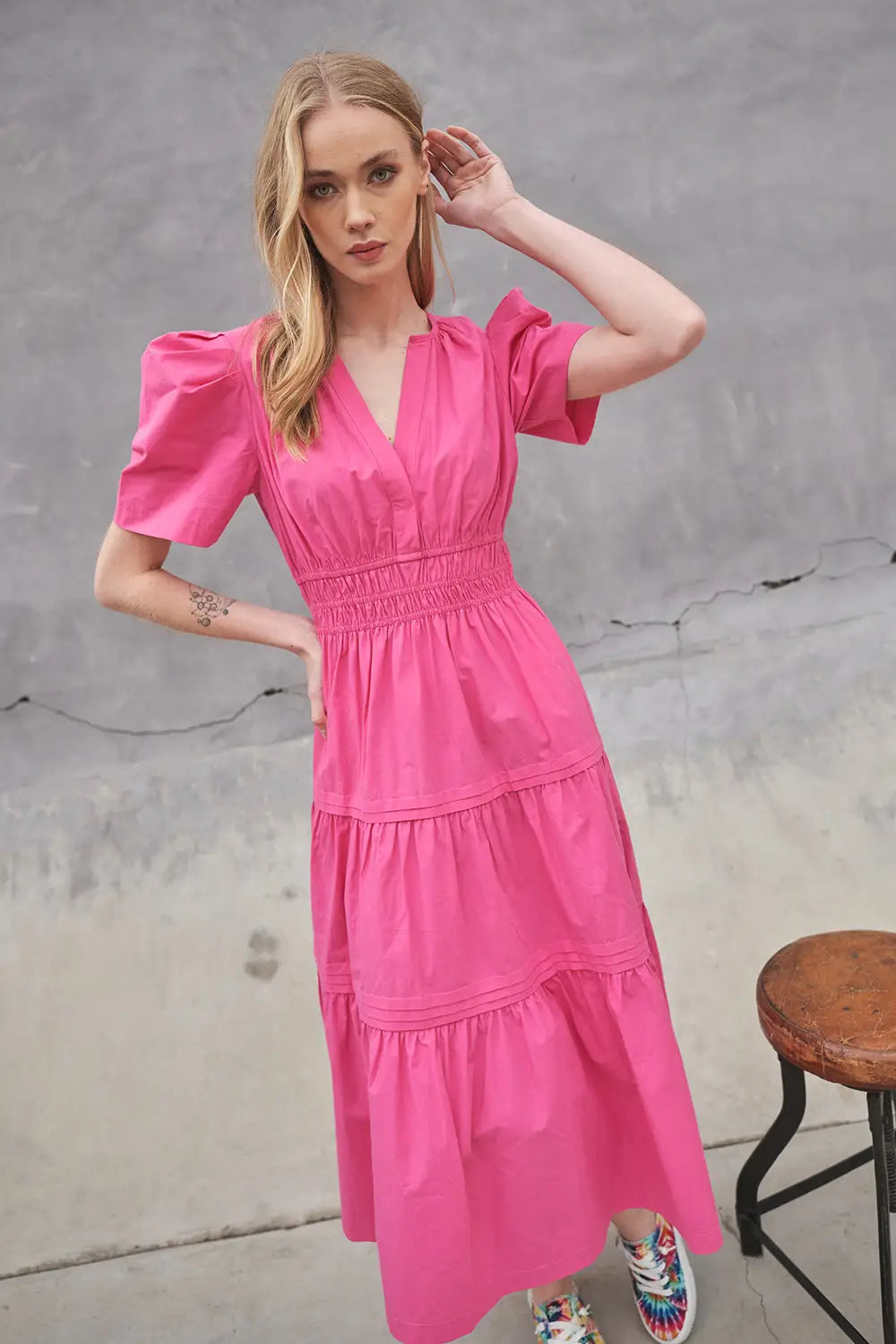 THEORY V-Neck Tiered PuffSleeve Maxi Dress