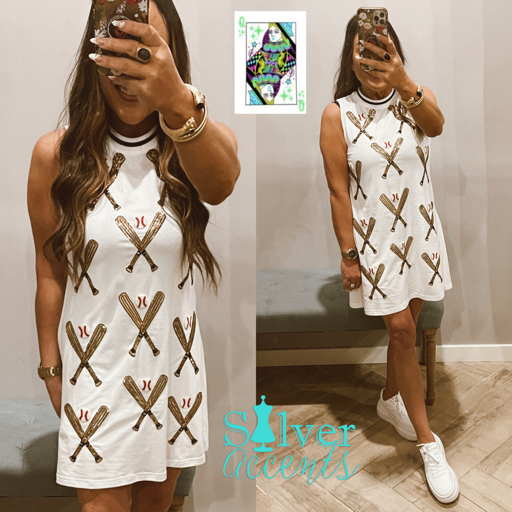 QUEEN OF SPARKLES Sequin SCATTERED BASEBALL BATS Tank Dress
