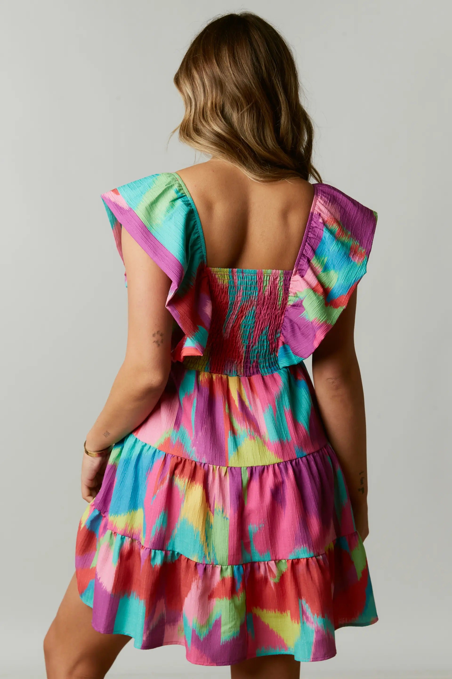 HEIRESS Print SmockBust FlutterSleeve Dress