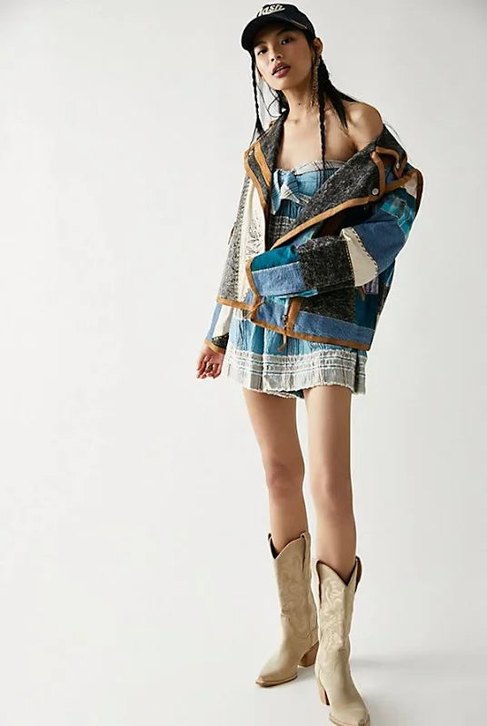 FREE PEOPLE Blue Plaid BARBARA Plaid Bow Front Romper