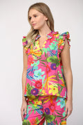 SAVOR Tropical Print Poplin Ruffle Top