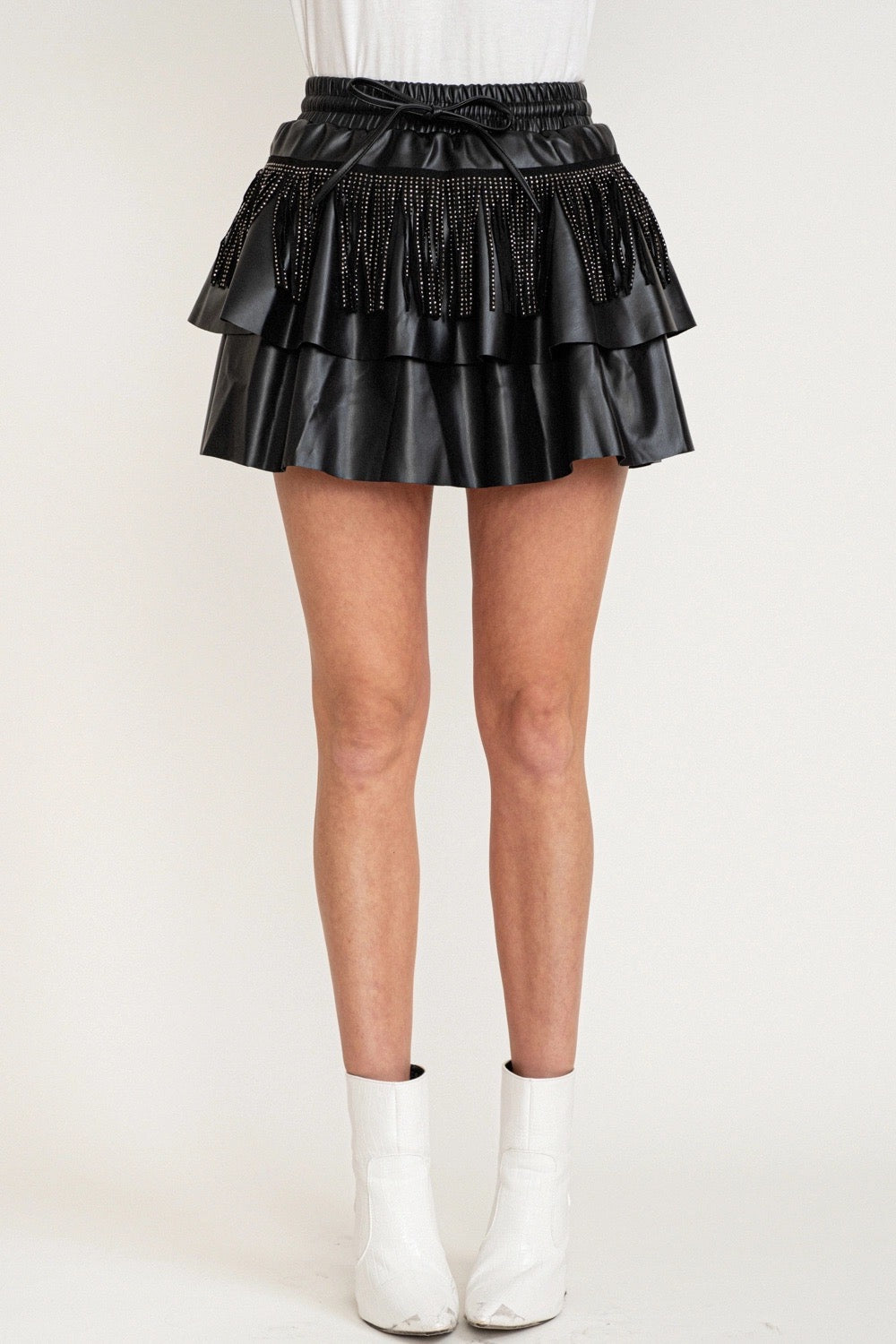 NOVEL StudFringe Tier VeganLeather Skirt
