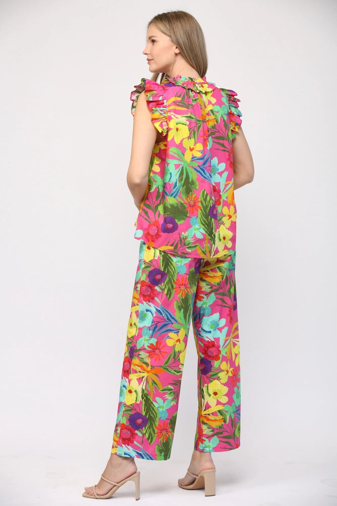 SAVOR Tropical Print Poplin Ruffle Top