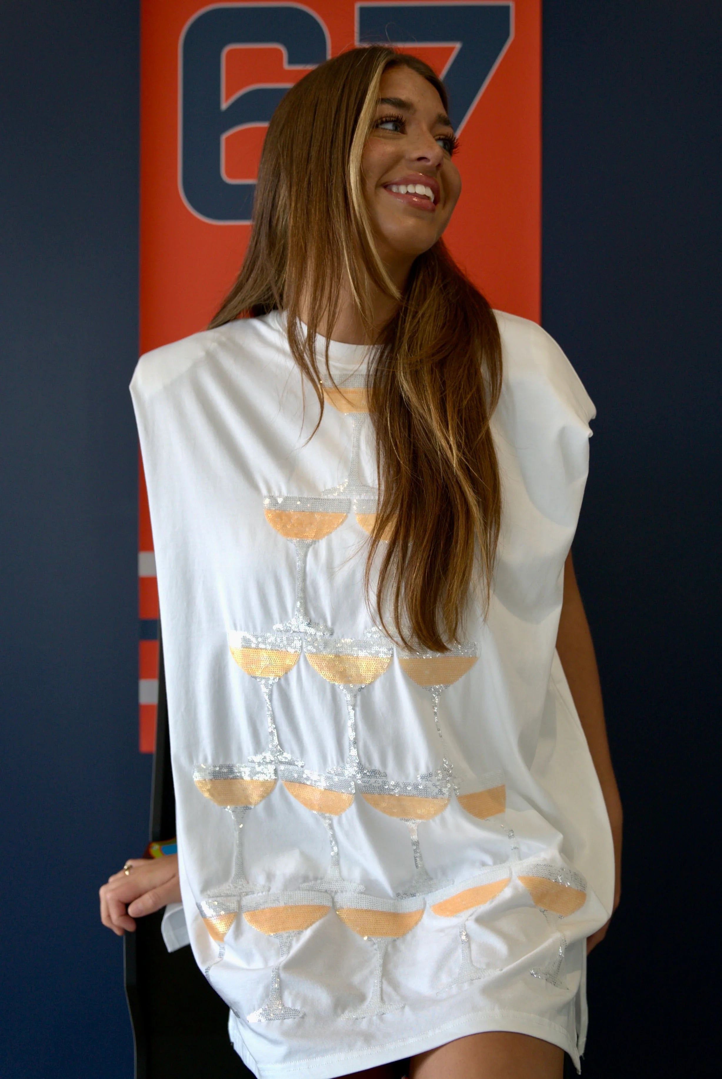 QUEEN OF SPARKLES Sequin CHAMPAGNE TOWER Shoulder Pad Dress