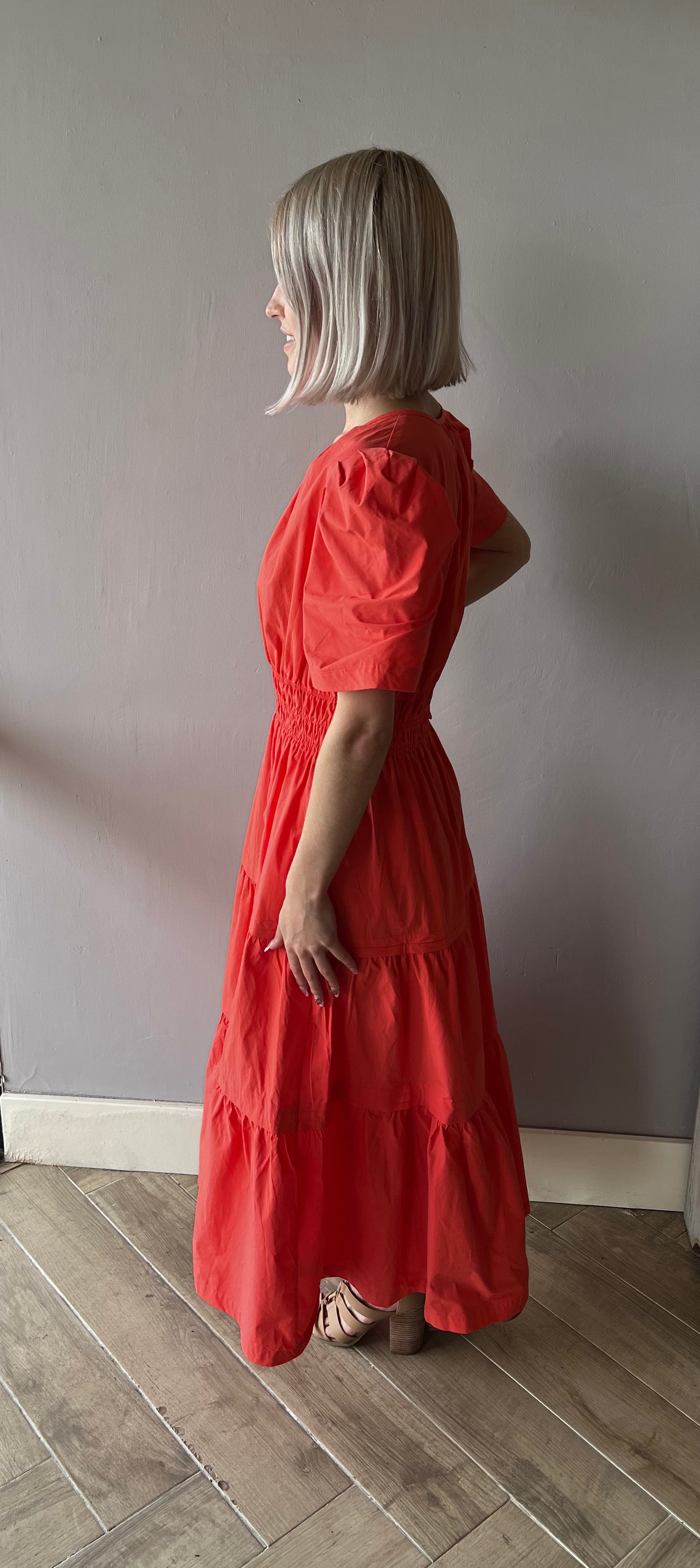 THEORY V-Neck Tiered PuffSleeve Maxi Dress