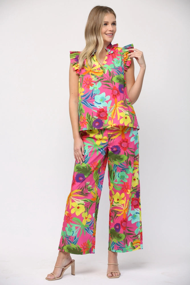 SAVOR Tropical Print Poplin Ruffle Top