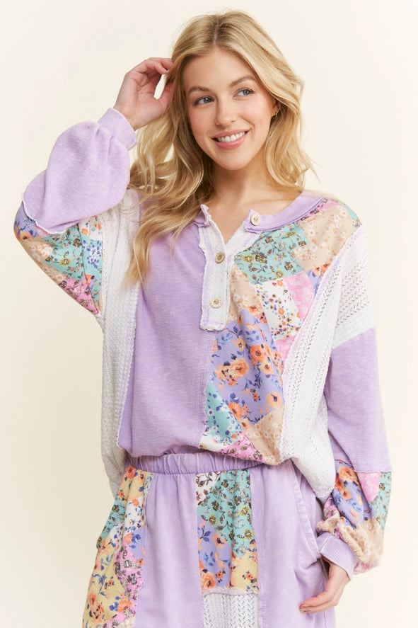 J HER Light Lavender Mineral Washed Floral Waveknit Jacquard Set