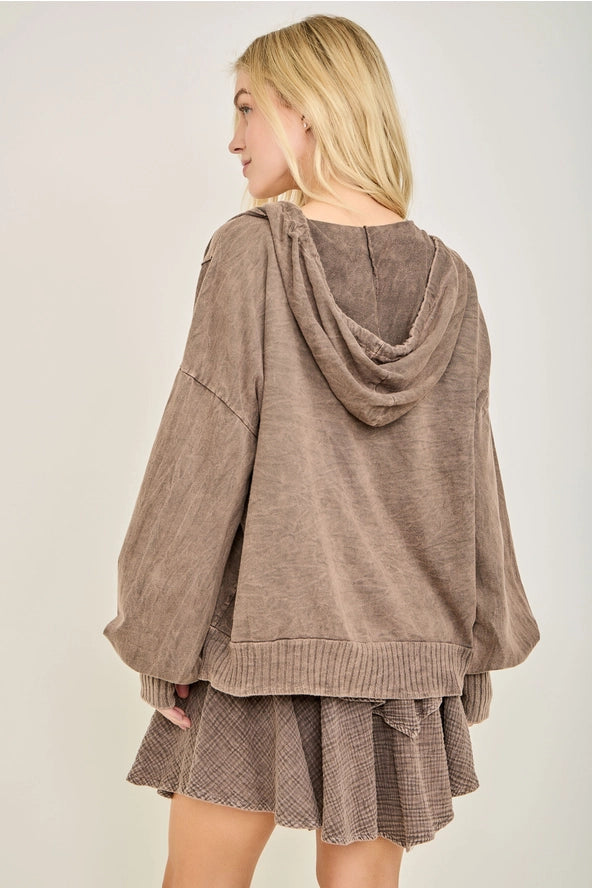 J. HER Ash Oak Mineral Wash V-Neck Hoodie with Thumbholes