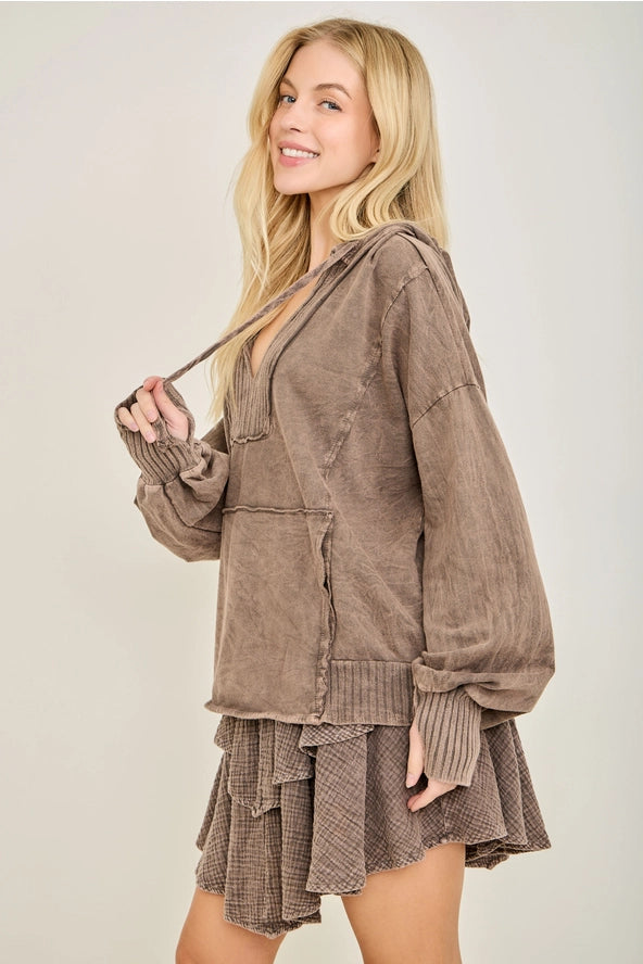 J. HER Ash Oak Mineral Wash V-Neck Hoodie with Thumbholes