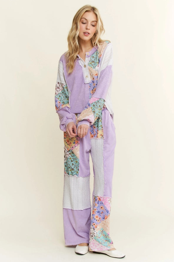 J HER Light Lavender Mineral Washed Floral Waveknit Jacquard Set