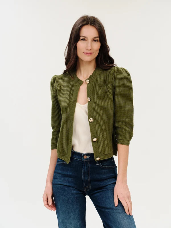 Six / Fifty Lou Puffled Shoulder Waffle Cardigan - Thyme