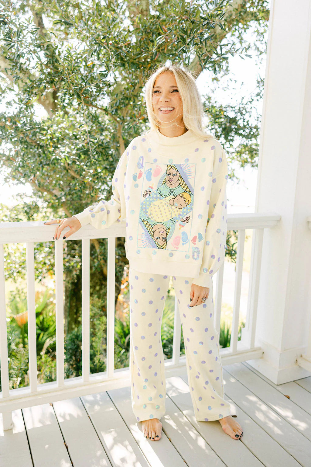 Queen of Sparkles Beige & Lavender Polka Dot Sparkle Logo Sweatshirt