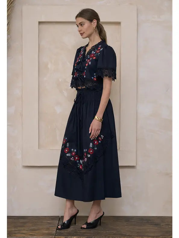 MoonRiver Embroidered Floral Midi Skirt