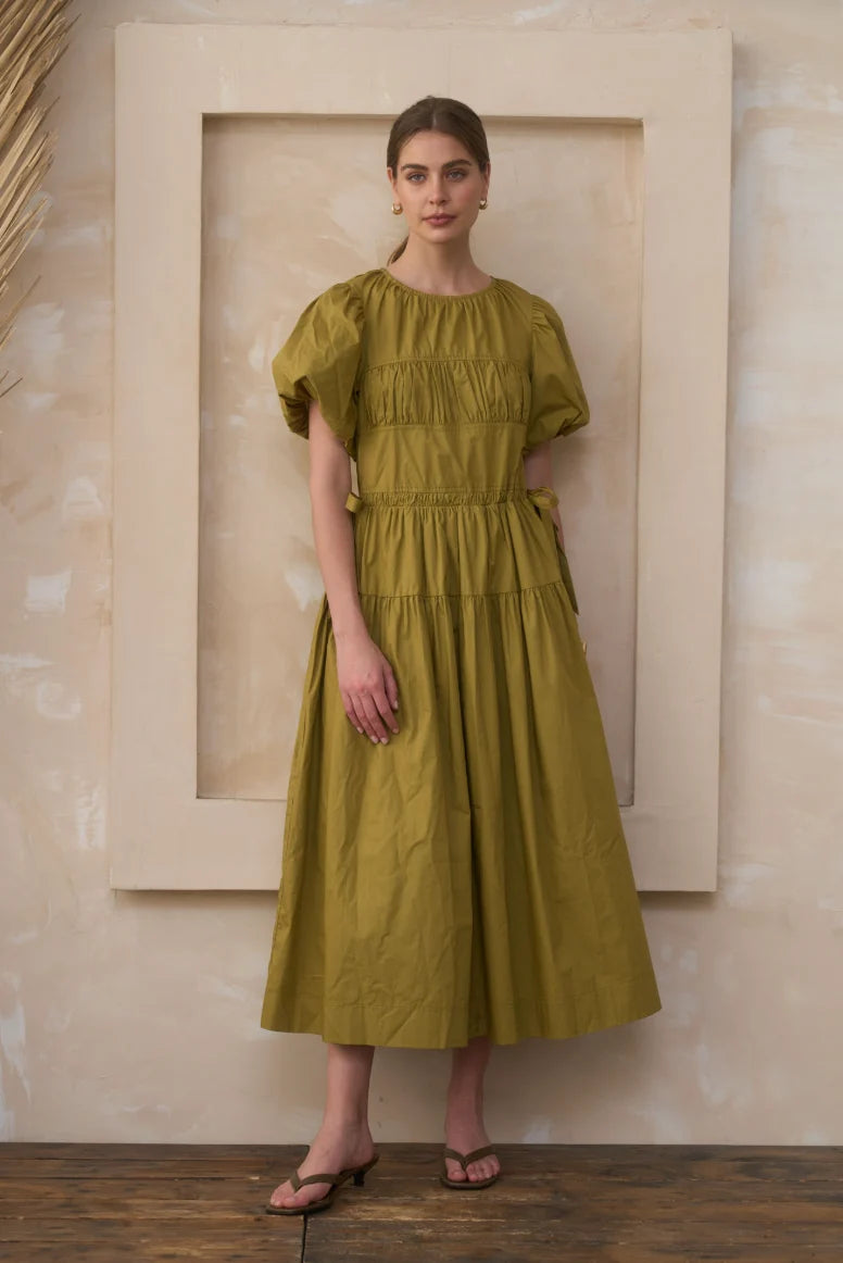 MoonRiver Round Neck Puff Sleeve Side Tie Midi Dress - Citron