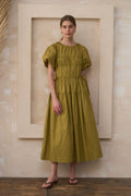 MoonRiver Round Neck Puff Sleeve Side Tie Midi Dress - Citron