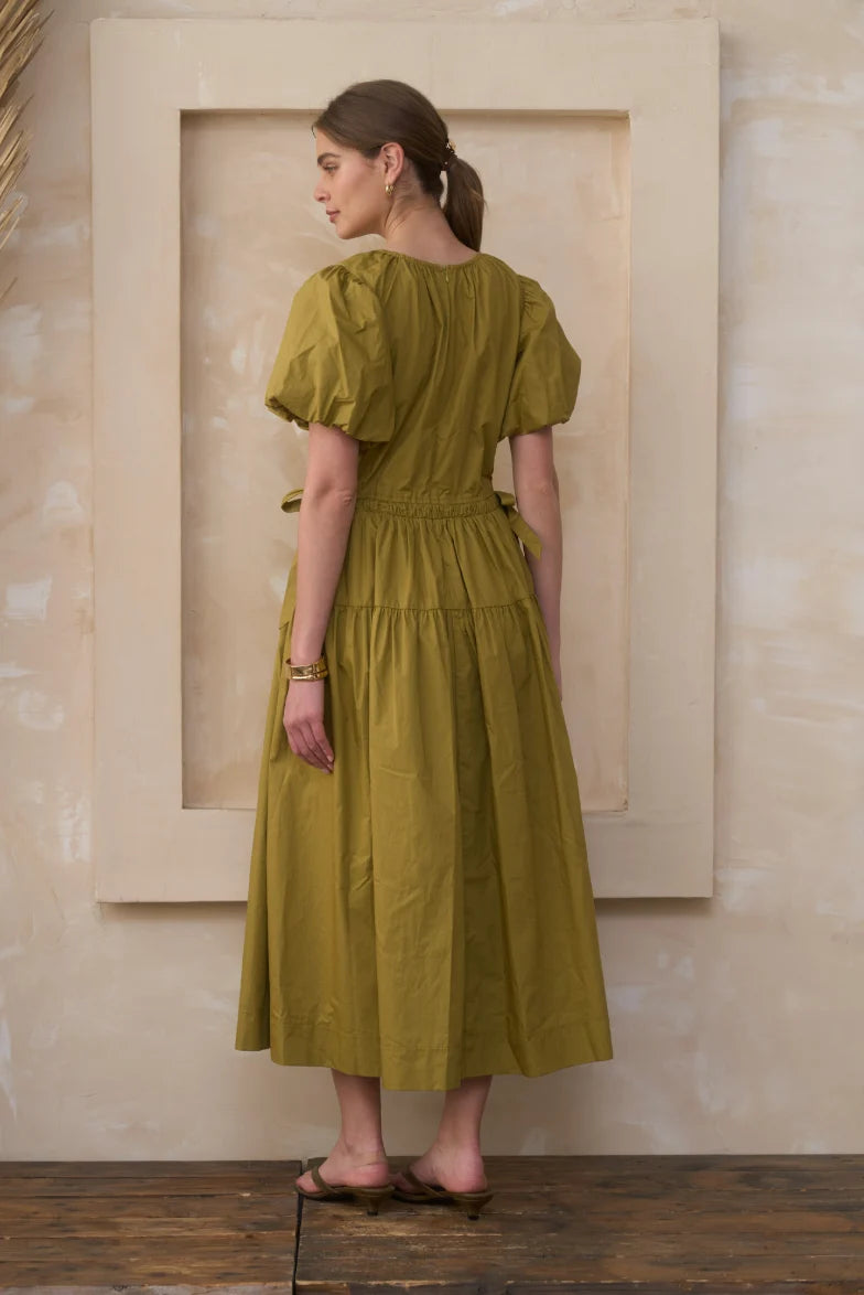 MoonRiver Round Neck Puff Sleeve Side Tie Midi Dress - Citron