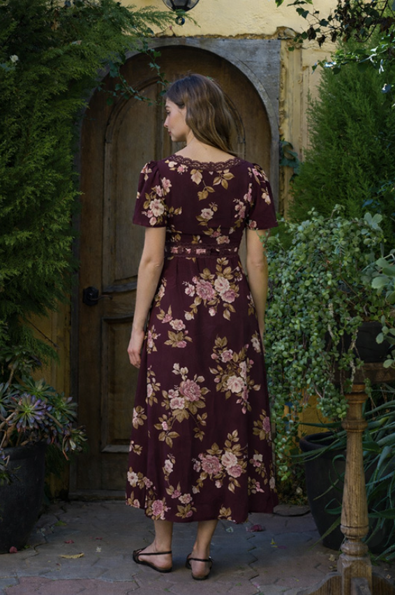 Moon River Sweetheart Lace Waist Tiered Floral Midi Dress