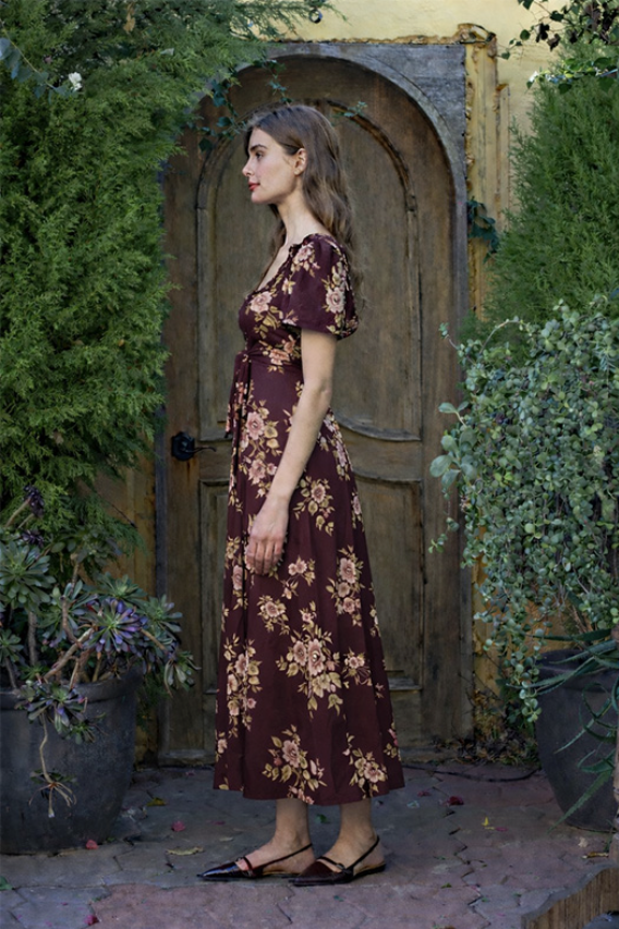 Moon River Sweetheart Lace Waist Tiered Floral Midi Dress