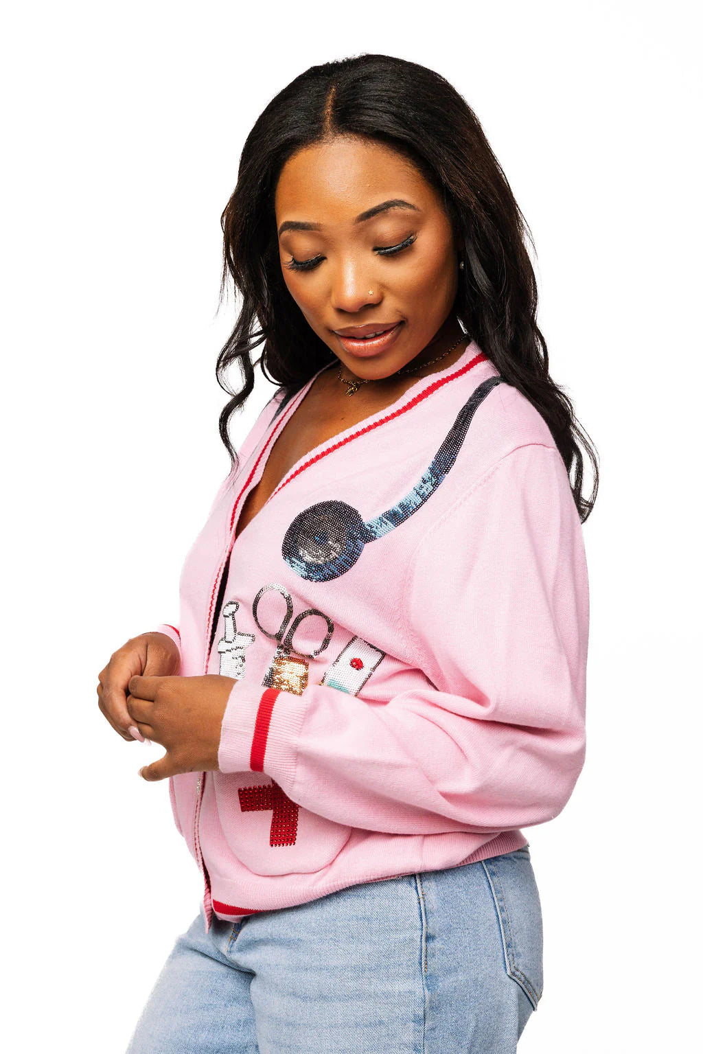 Queen of Sparkles Pink Medical Instrument Button Up Cardigan