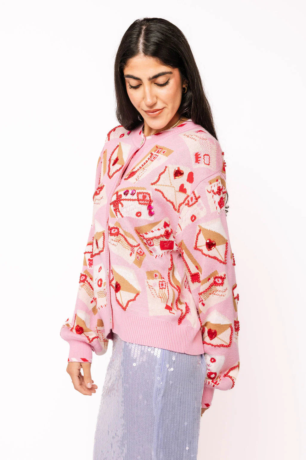 Queen of Sparkles Pink Love Letters Button Up Knit Cardigan