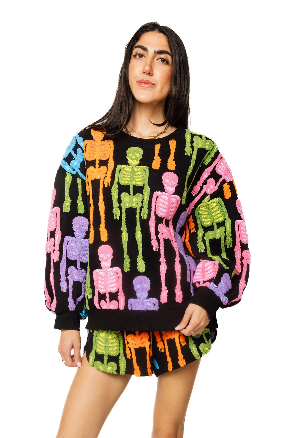 Queen of Sparkles Black Multi Fuzzy Skeleton Sweatshirt