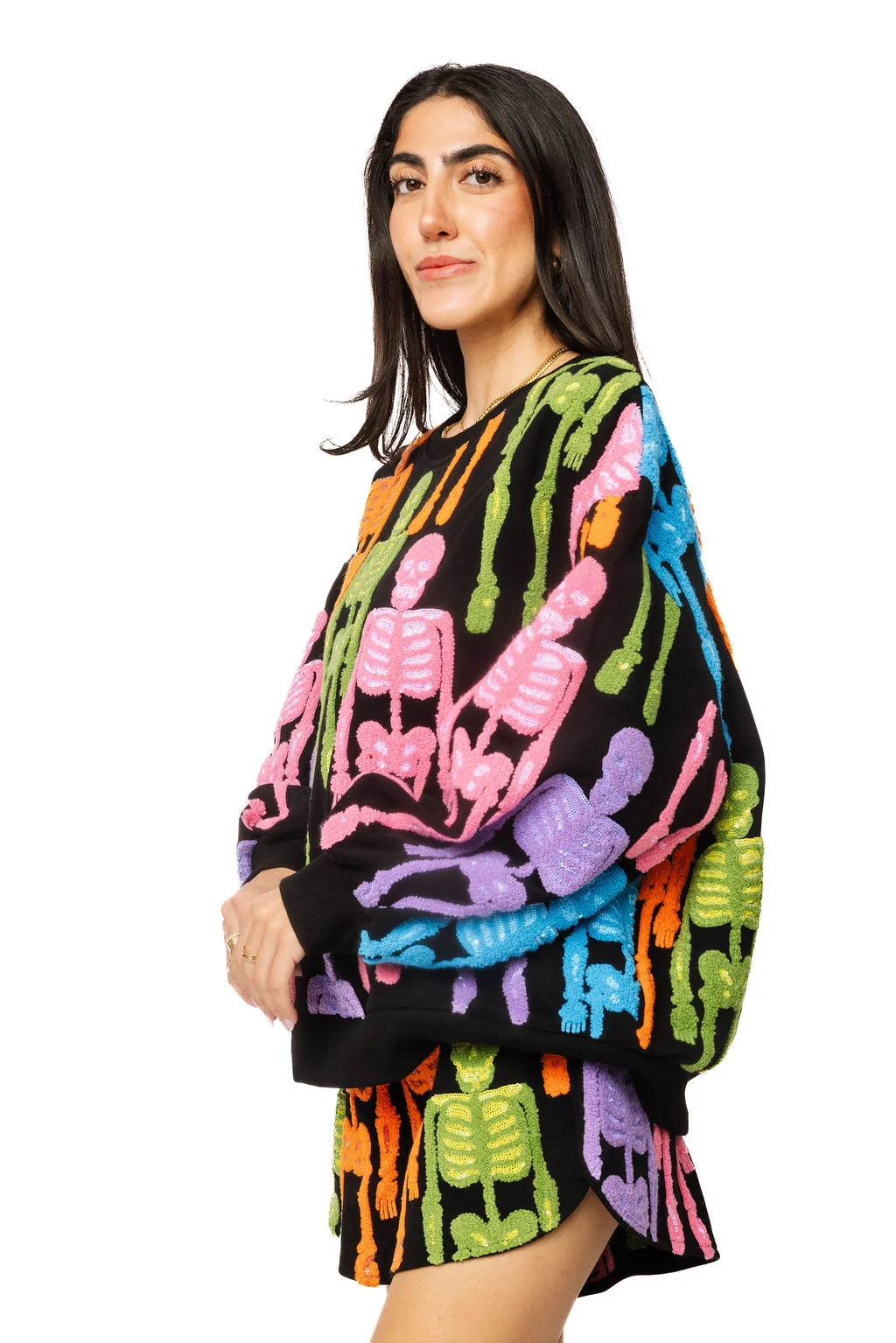 Queen of Sparkles Black Multi Fuzzy Skeleton Sweatshirt