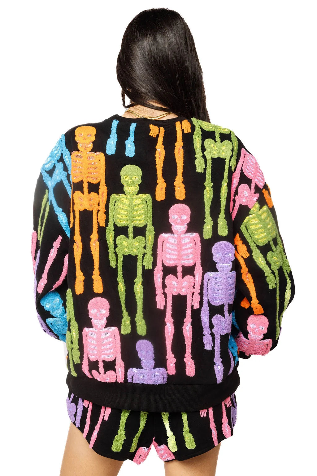 Queen of Sparkles Black Multi Fuzzy Skeleton Sweatshirt