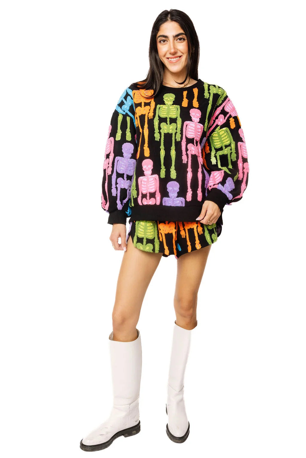 Queen of Sparkles Black Multi Fuzzy Skeleton Sweatshirt