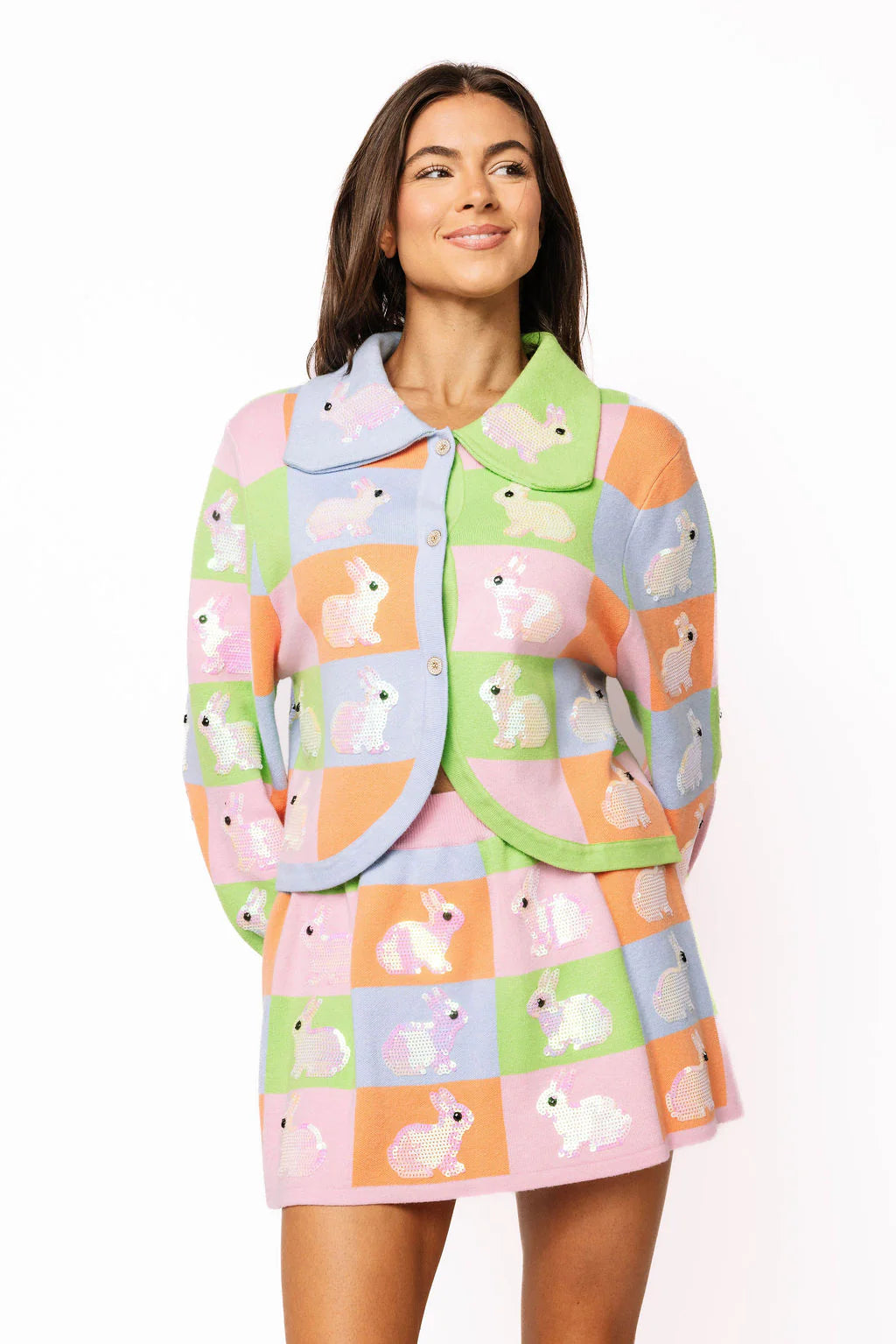 Queen of Sparkles Pastel Colorblock Easter Bunny Button Up Collar Cardigan