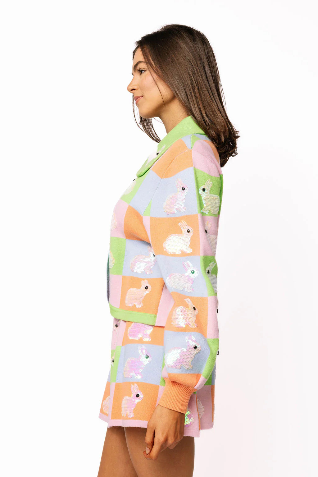 Queen of Sparkles Pastel Colorblock Easter Bunny Button Up Collar Cardigan