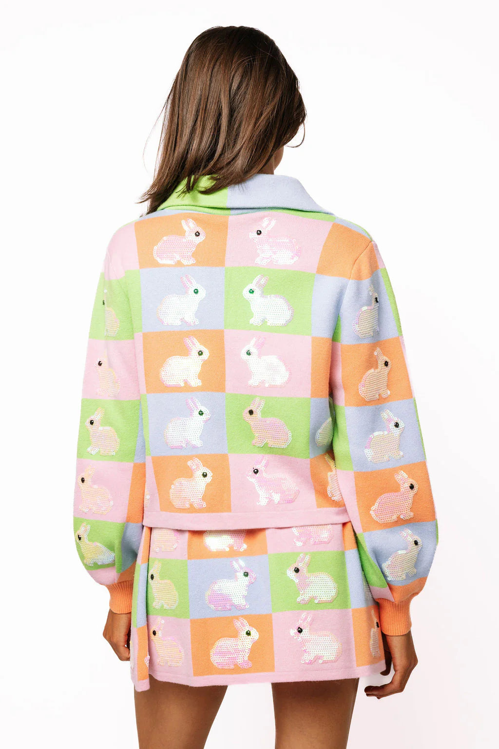Queen of Sparkles Pastel Colorblock Easter Bunny Button Up Collar Cardigan
