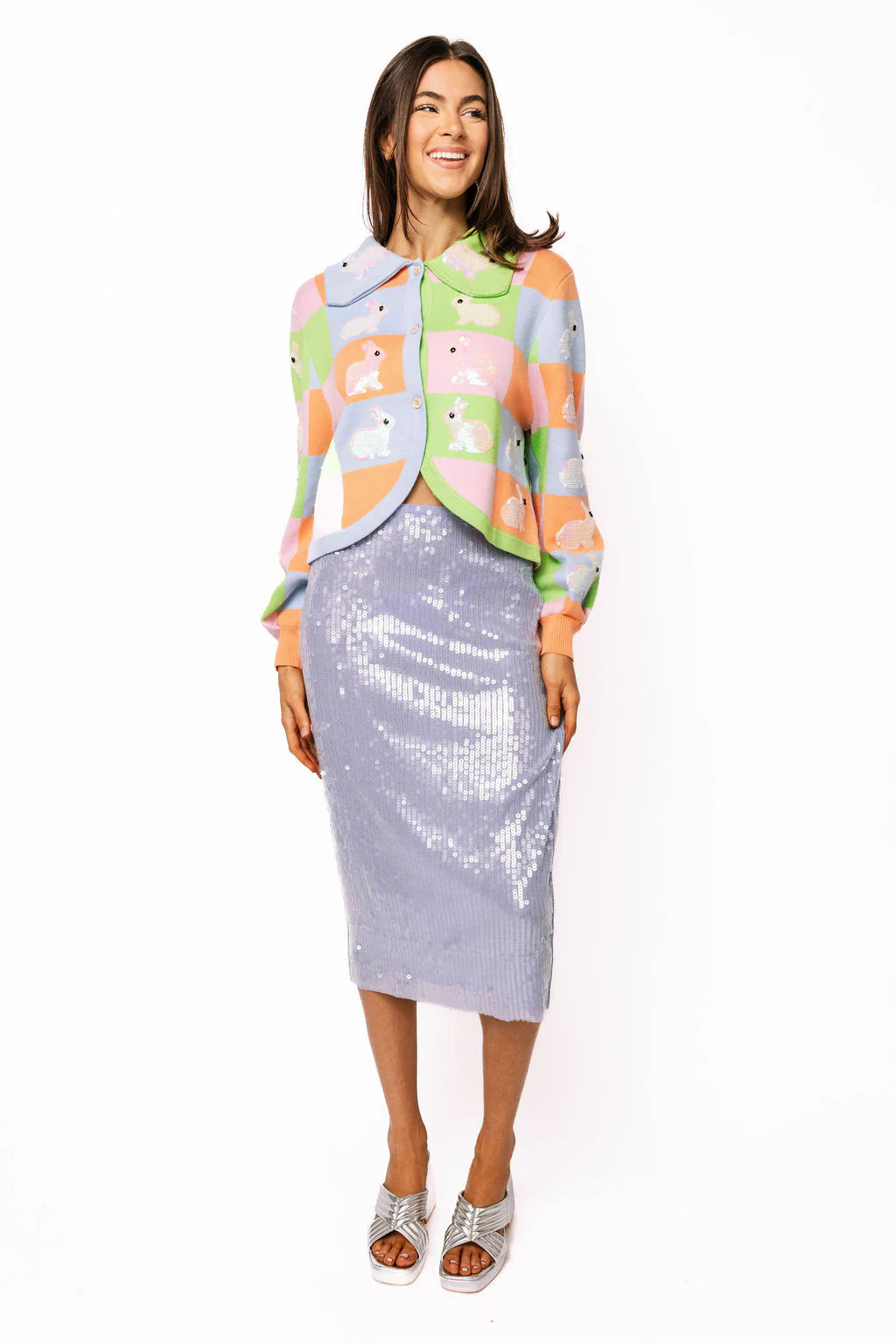 Queen of Sparkles Pastel Colorblock Easter Bunny Button Up Collar Cardigan