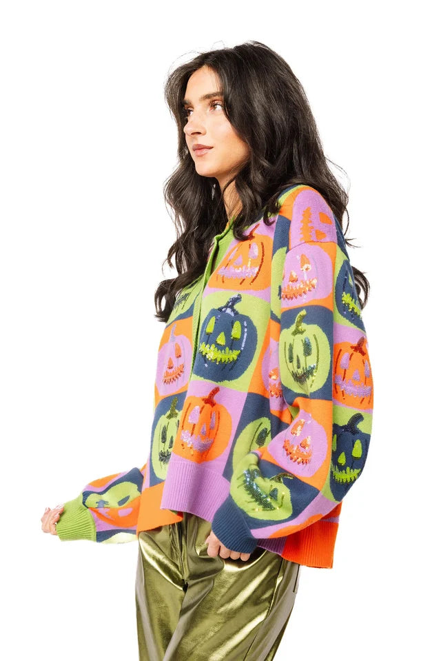 Queen of Sparkles Checkered Pumpkin Button Up Cardigan