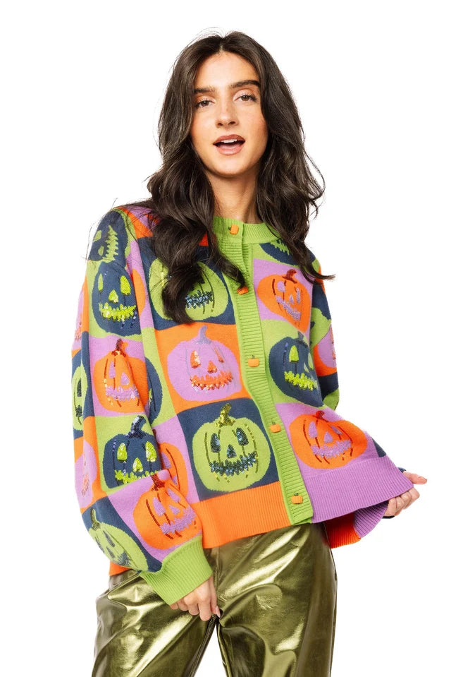 Queen of Sparkles Checkered Pumpkin Button Up Cardigan