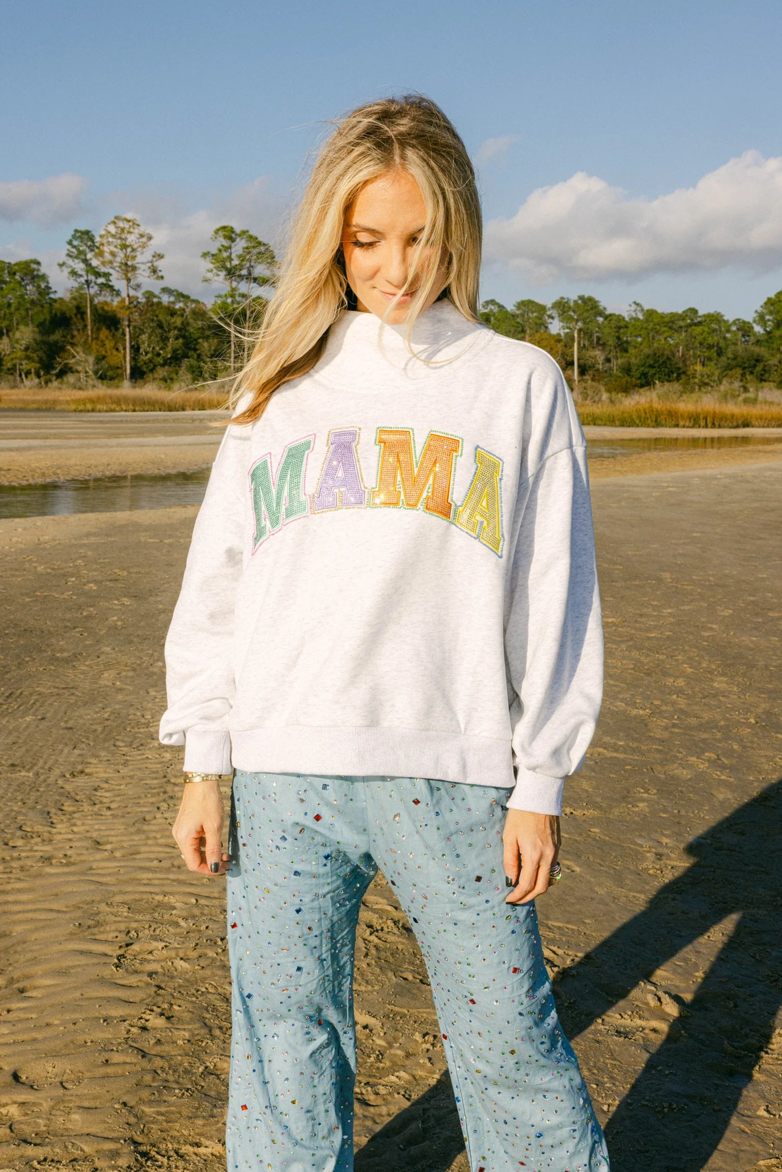 Queen of Sparkles Grey Multi 'Mama' Mock Neck Sweatshirt