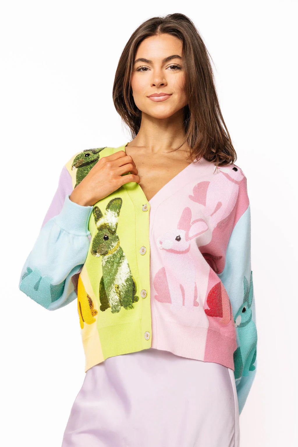 Queen of Sparkles Rainbow Colorblock Easter Bunny Button Up Cardigan