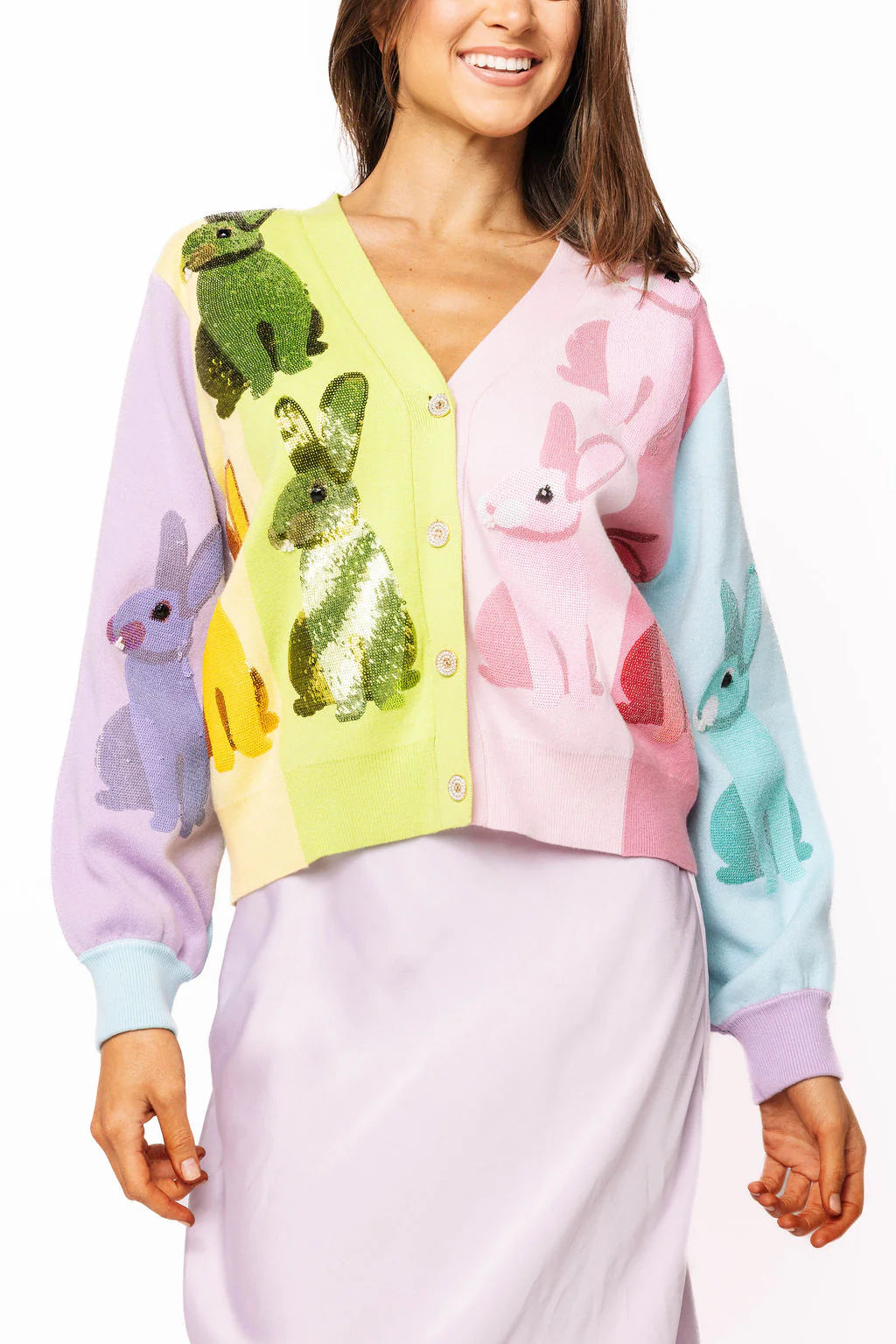 Queen of Sparkles Rainbow Colorblock Easter Bunny Button Up Cardigan