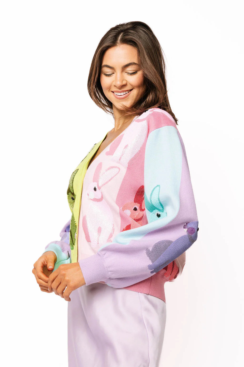 Queen of Sparkles Rainbow Colorblock Easter Bunny Button Up Cardigan