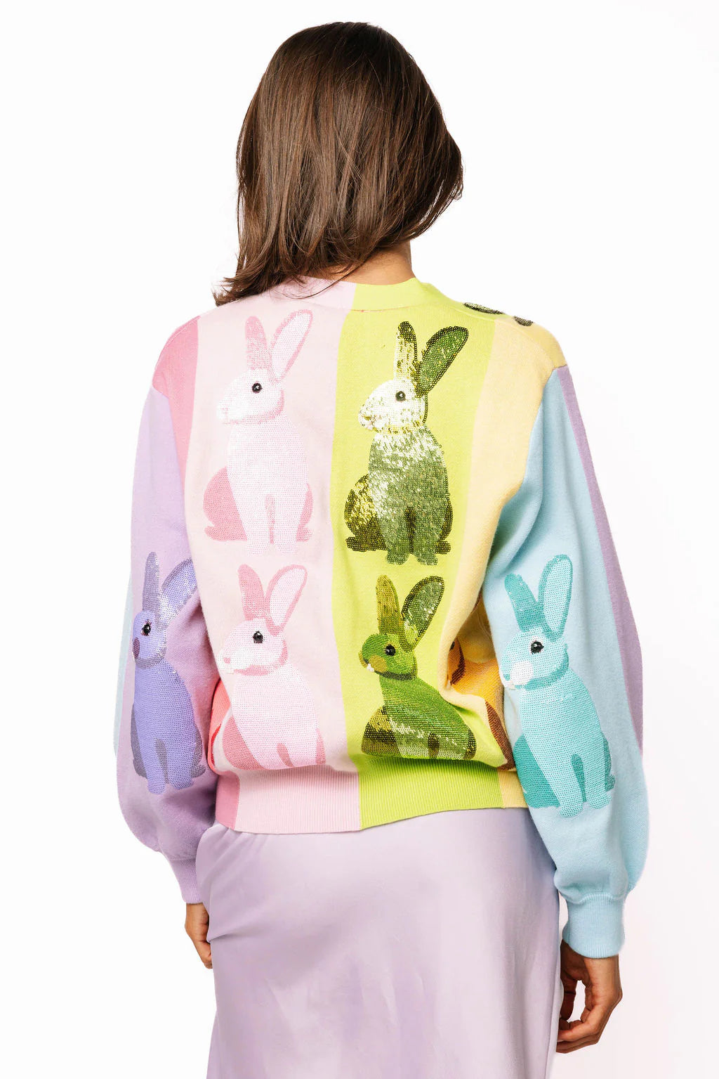 Queen of Sparkles Rainbow Colorblock Easter Bunny Button Up Cardigan