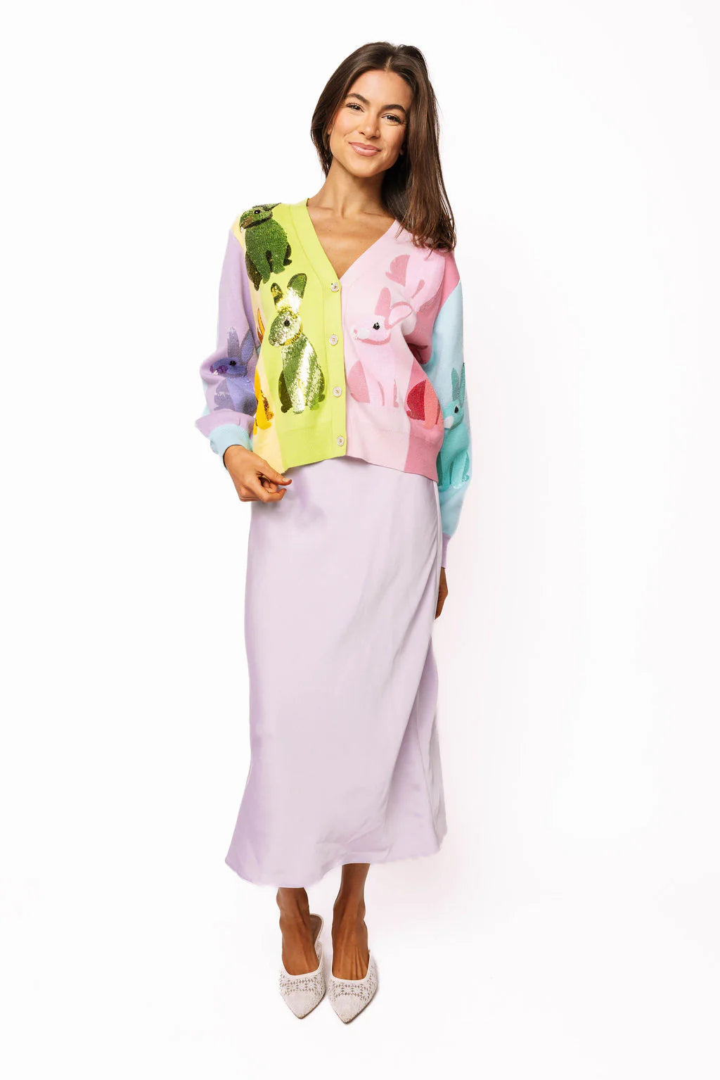 Queen of Sparkles Rainbow Colorblock Easter Bunny Button Up Cardigan