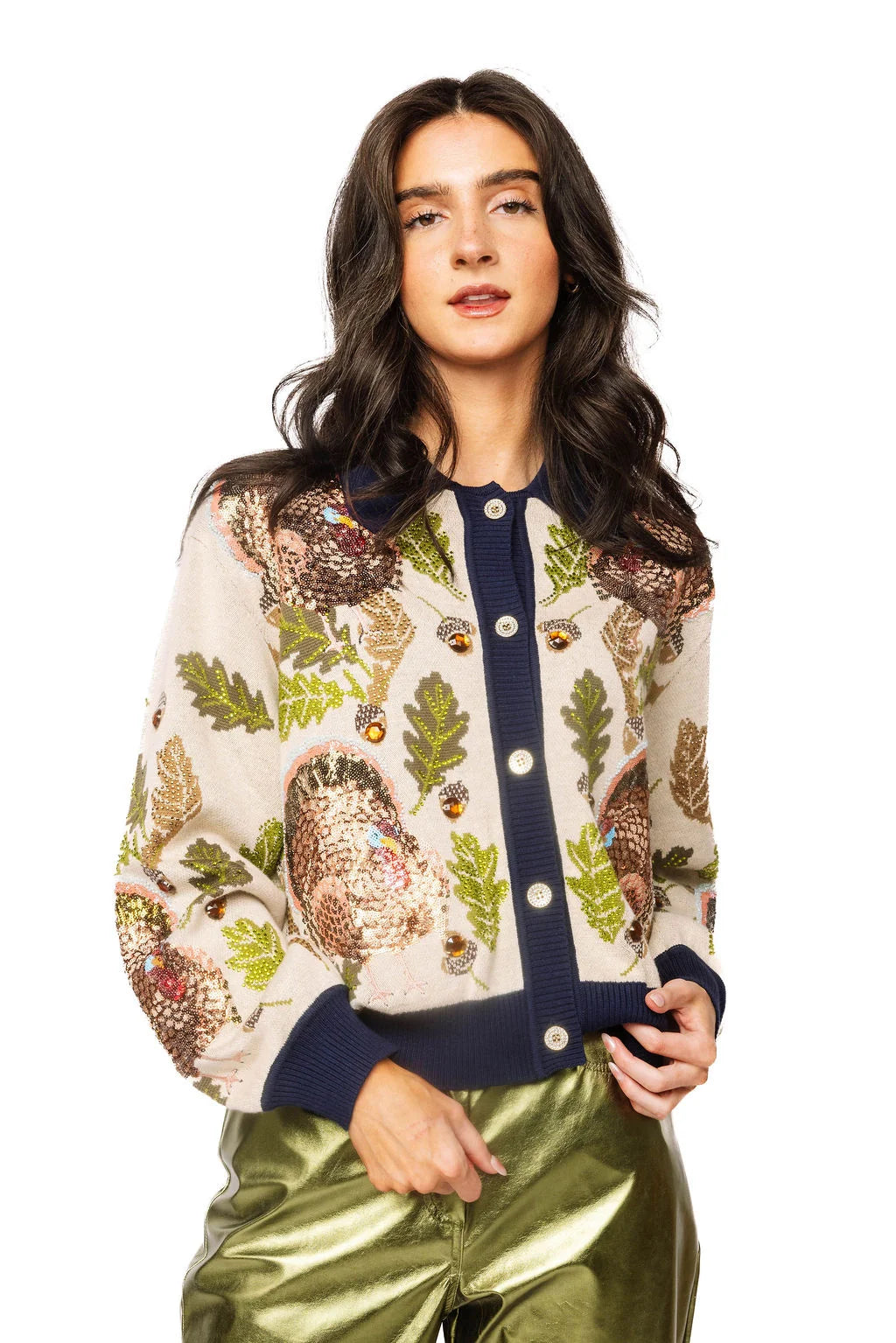 Queen of Sparkles Navy Trim Button Up Turkey, Leaf & Acorn Button Up Cardigan
