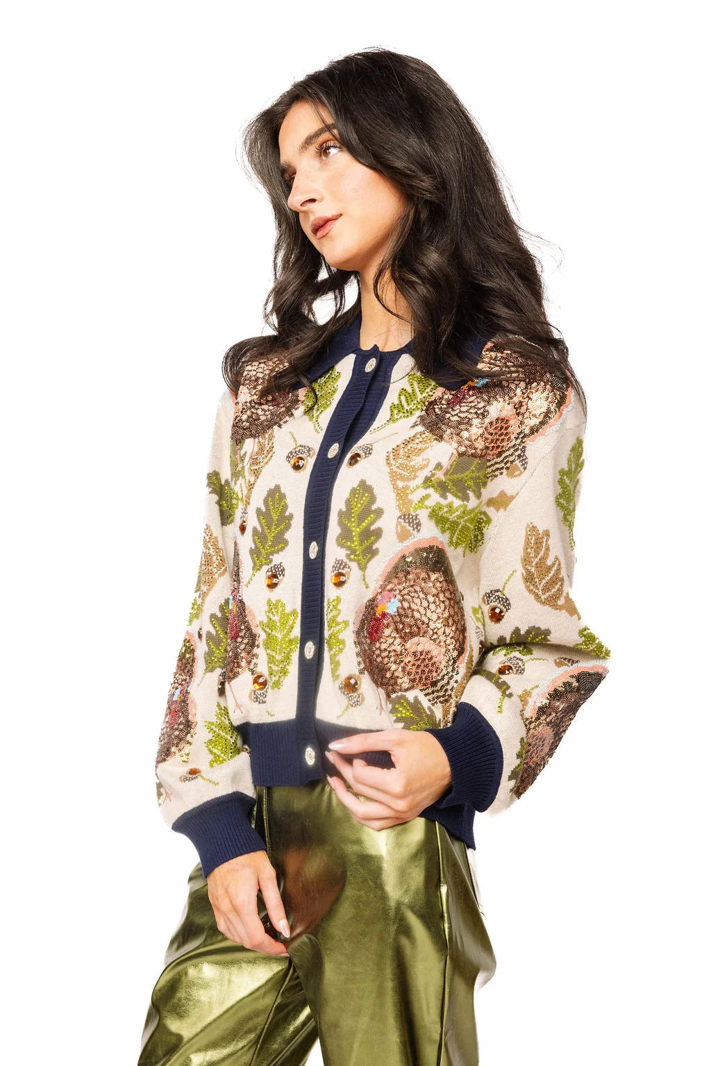 Queen of Sparkles Navy Trim Button Up Turkey, Leaf & Acorn Button Up Cardigan