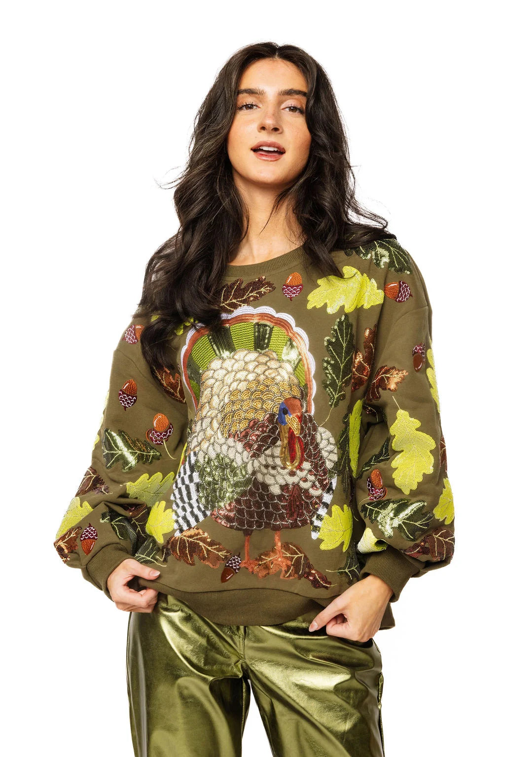 Queen of Sparkles Olive Green Multi Turkey & Leaves Sweatshirt