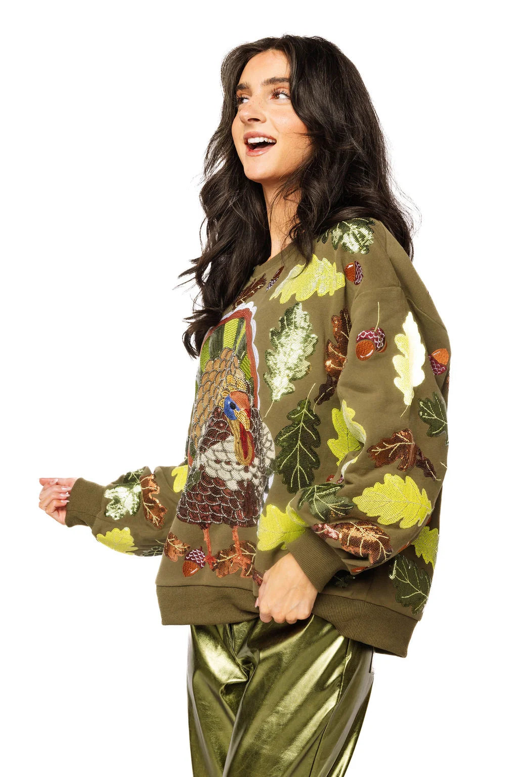 Queen of Sparkles Olive Green Multi Turkey & Leaves Sweatshirt
