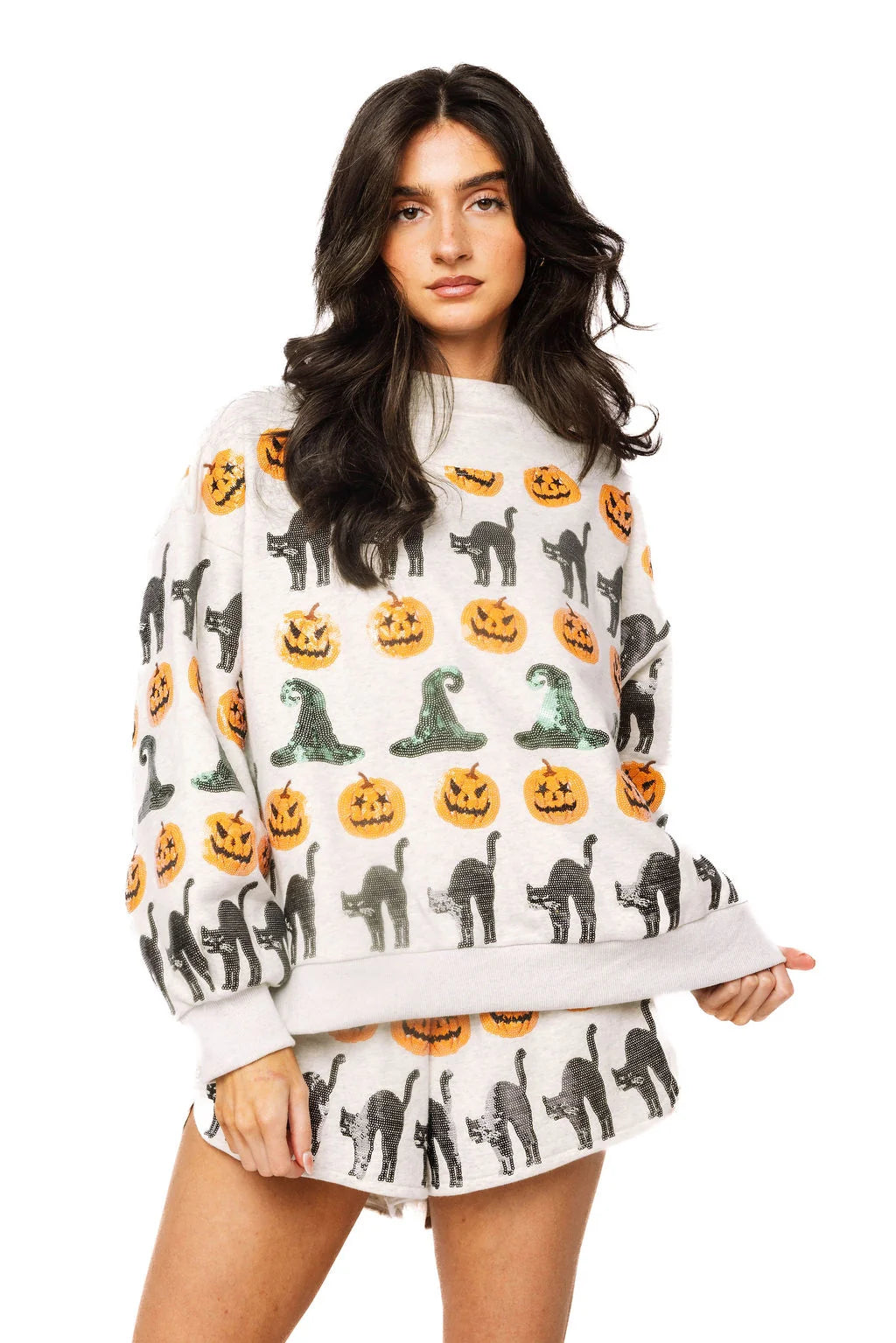 Queen of Sparkles Light Grey Witch Hat, Pumpkin, & Cat Mockneck Sweatshirt