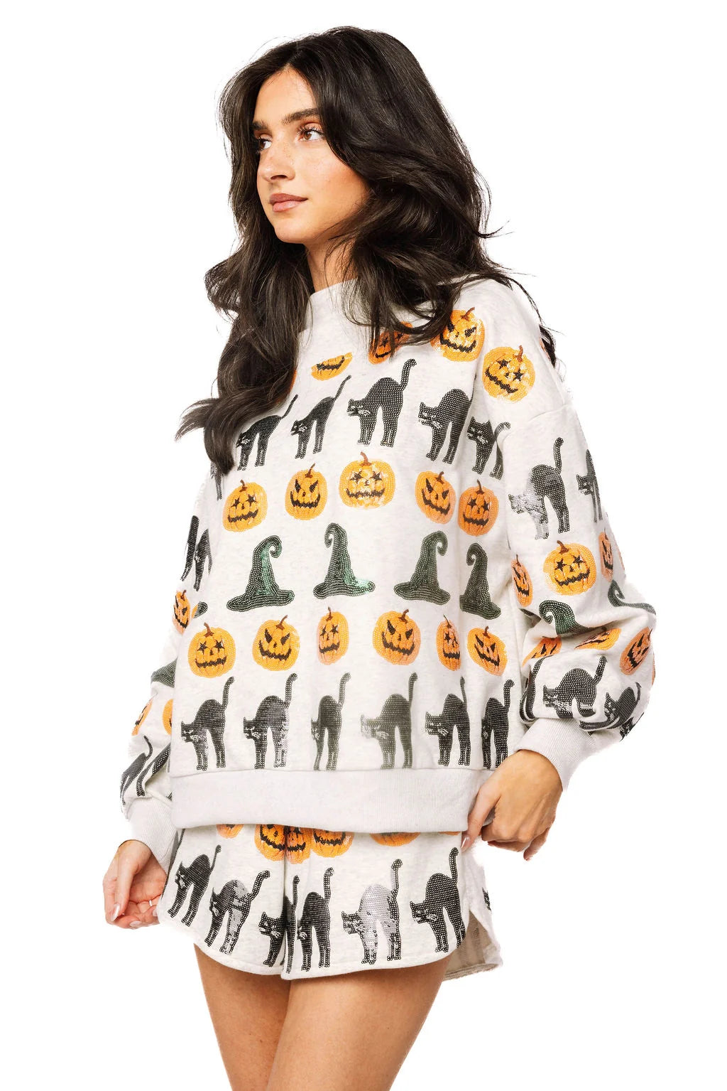 Queen of Sparkles Light Grey Witch Hat, Pumpkin, & Cat Mockneck Sweatshirt