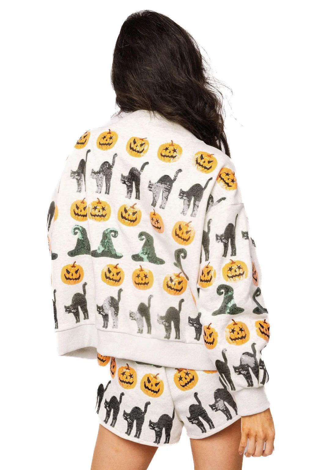 Queen of Sparkles Light Grey Witch Hat, Pumpkin, & Cat Mockneck Sweatshirt